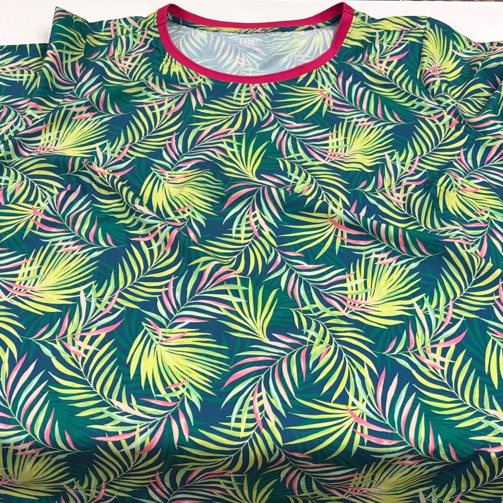 Lands' End Tropical Leaf Print Top with Red Accents